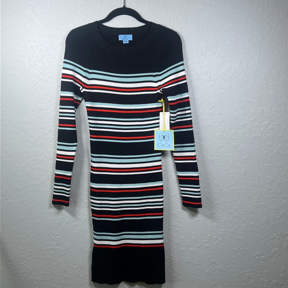 CeCe Sweater Dress Women Striped Ribbed Knit Bodycon Mini M Rich Black Multi